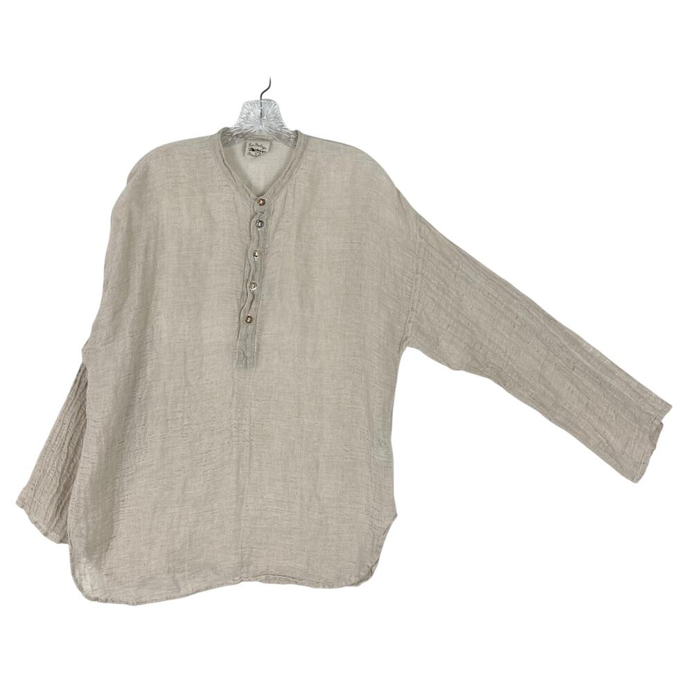 nwot LA BOTTEGA DI BRUNELLA Top S ITALY Linen Cream Gauze Henley Curve-Hem Slit